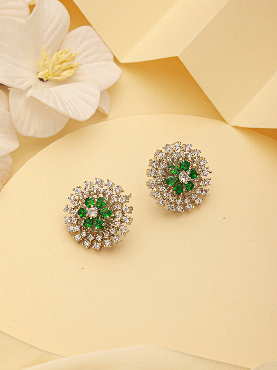White Rhodium Green Emerald  Studded Floral Design Solar Statement Studds Earrings